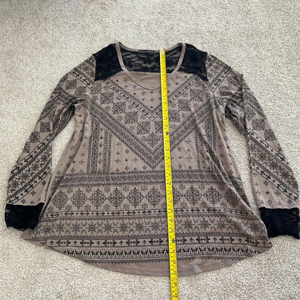 Y2K Whimsygoth Studded Lace Flowy Abstract Black & Brown Long Sleeve Top - Picture 9 of 11